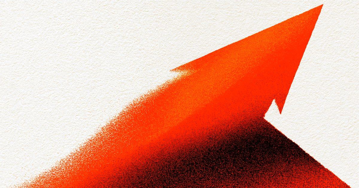 A grainy red arrow climbing steeply across textured paper.